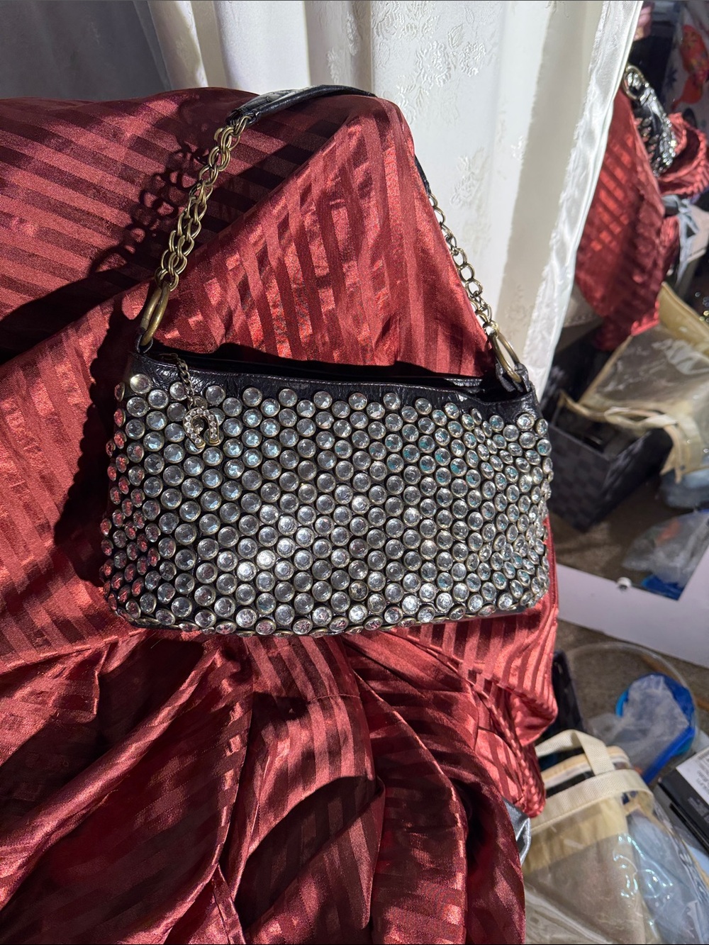 Betsey Johnson Black Shoulder Bag with Crystal Rhinestones and Gold Chain Handel - Picture 2 of 5